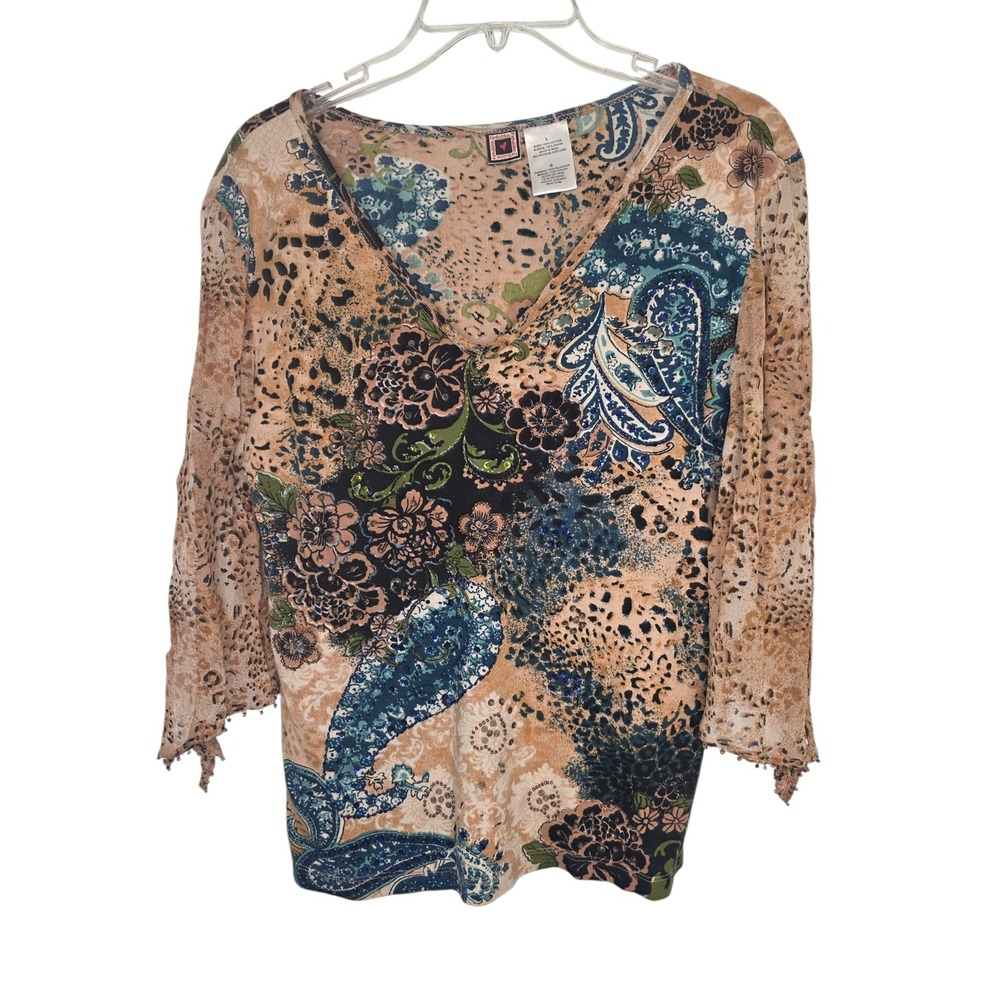 Forbidden Womens Large Floral Paisley Leopard Print Beaded V-Neck Top Multicolor